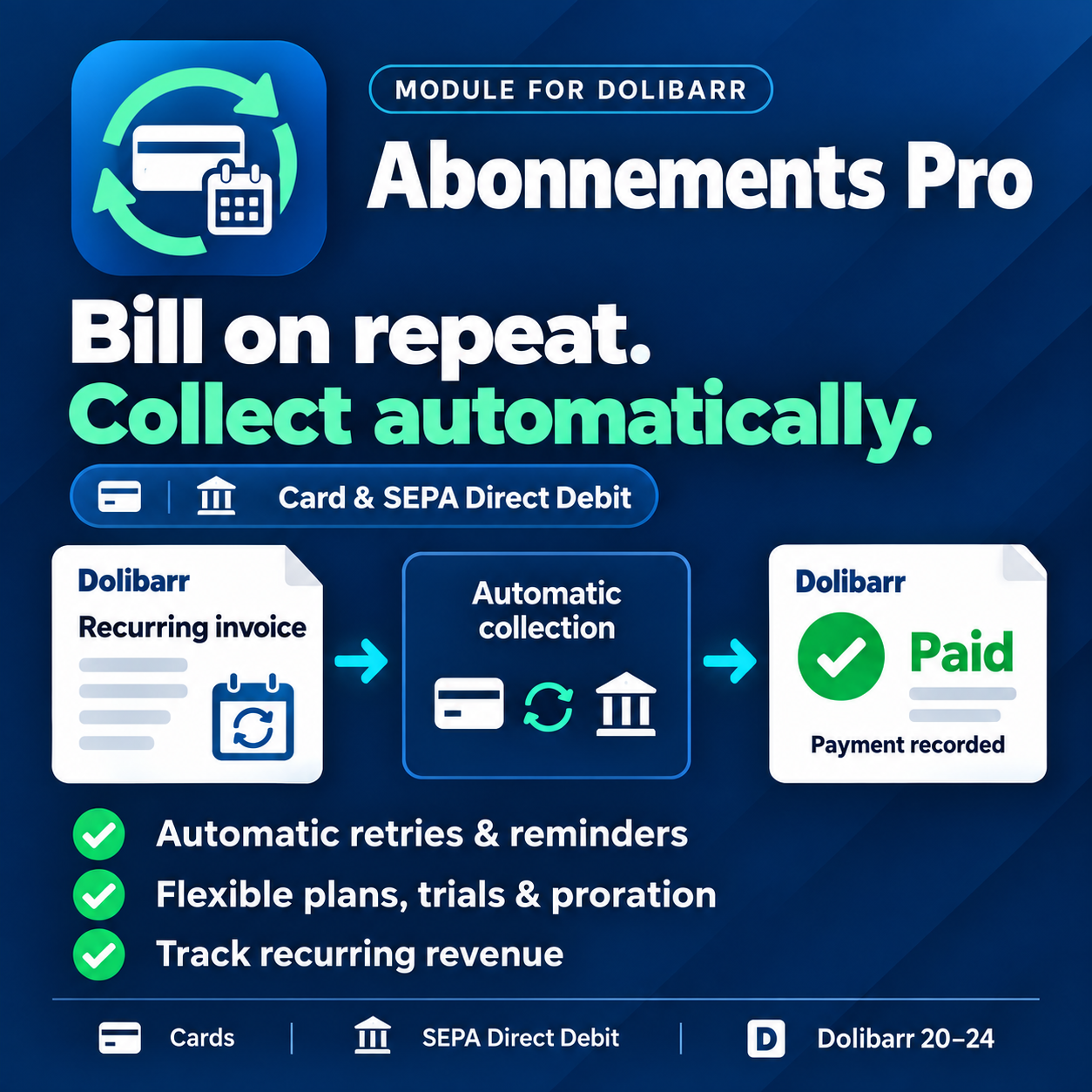 Subscription billing: recurring invoices and automatic card/SEPA collection — Abonnements Pro