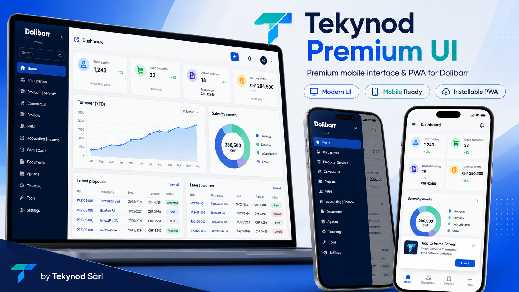 Tekynod Premium UI – Mobile, PWA & customer portal for Dolibarr