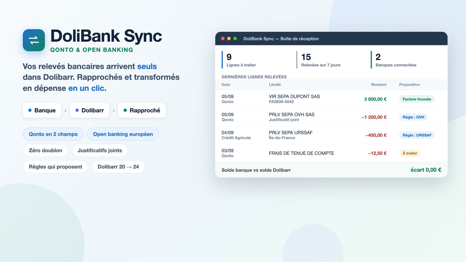 Qonto & Open Banking Sync (DoliBank Sync): extractos bancarios automáticos, conciliación y gastos en 1 clic