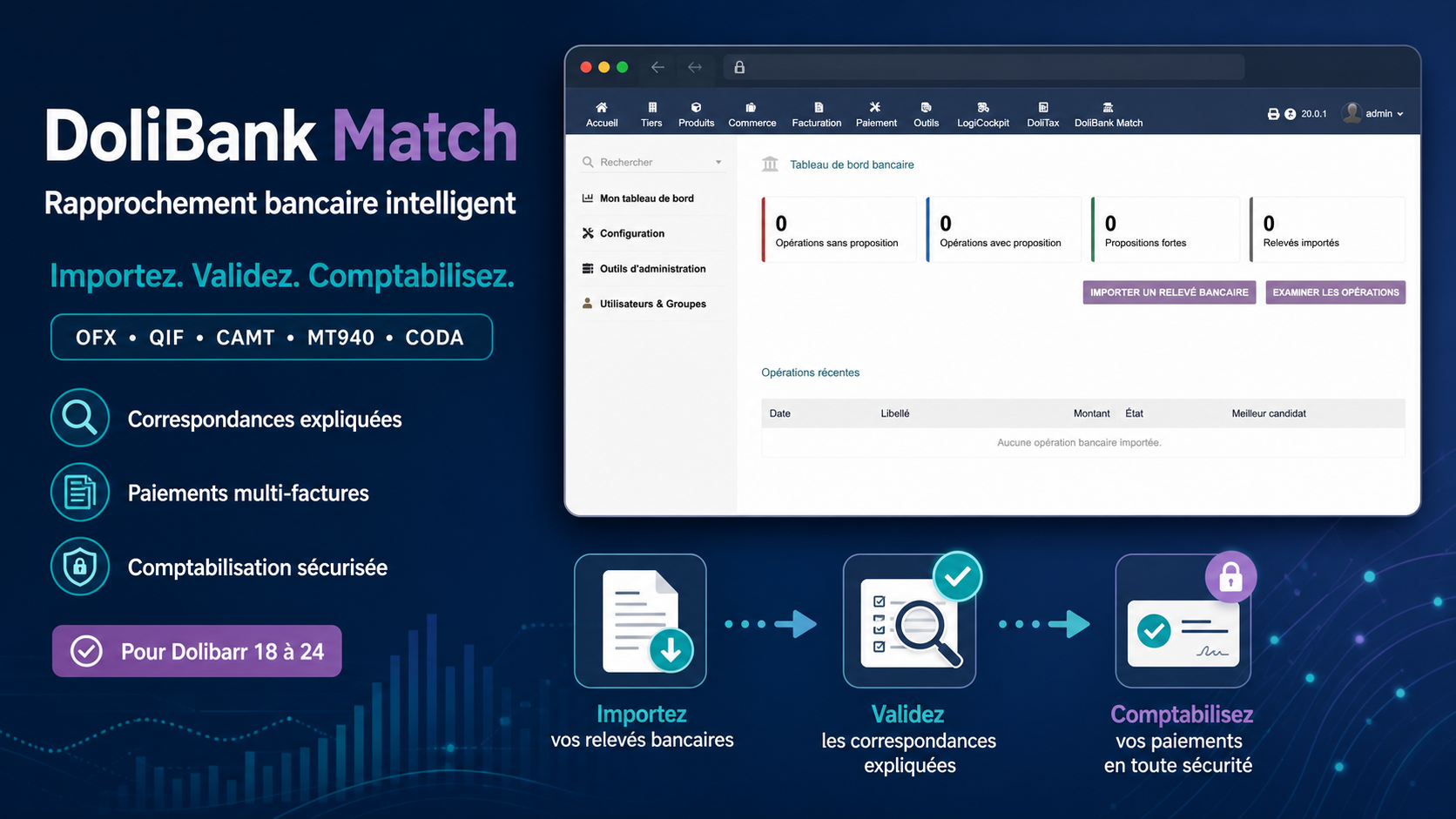 DoliBank Match: Automatic bank reconciliation from CSV, PDF, OFX, CAMT, MT940 and CODA