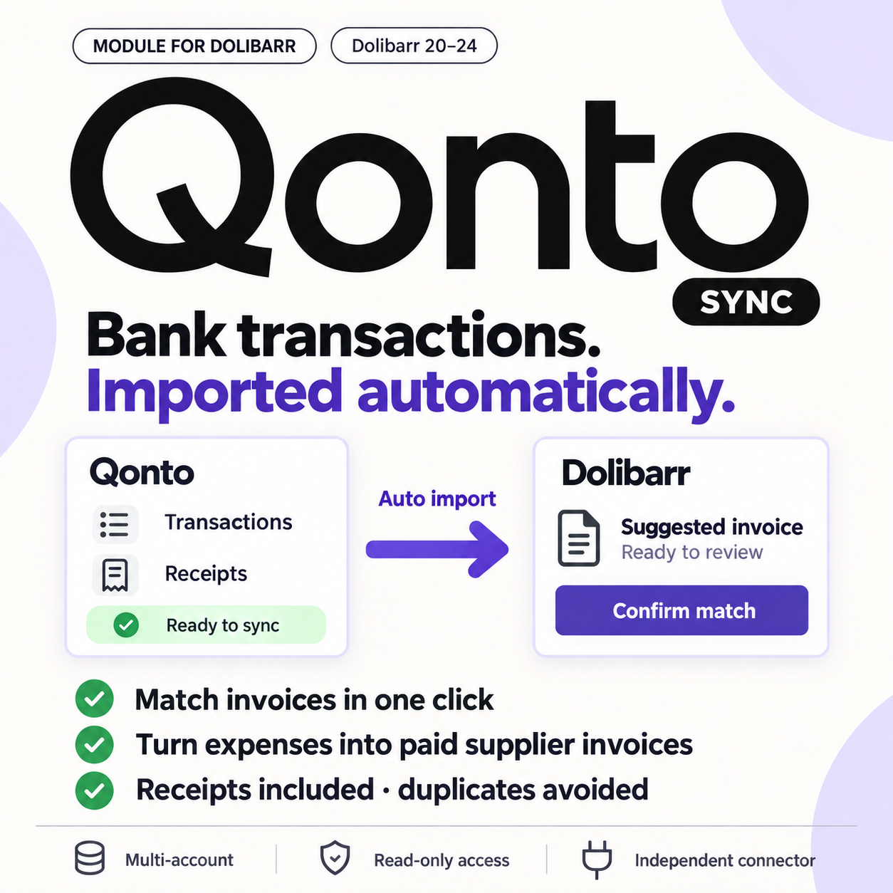 Qonto & Open Banking Sync (DoliBank Sync): automatische Kontoauszüge, Abgleich und Ausgaben mit einem Klick