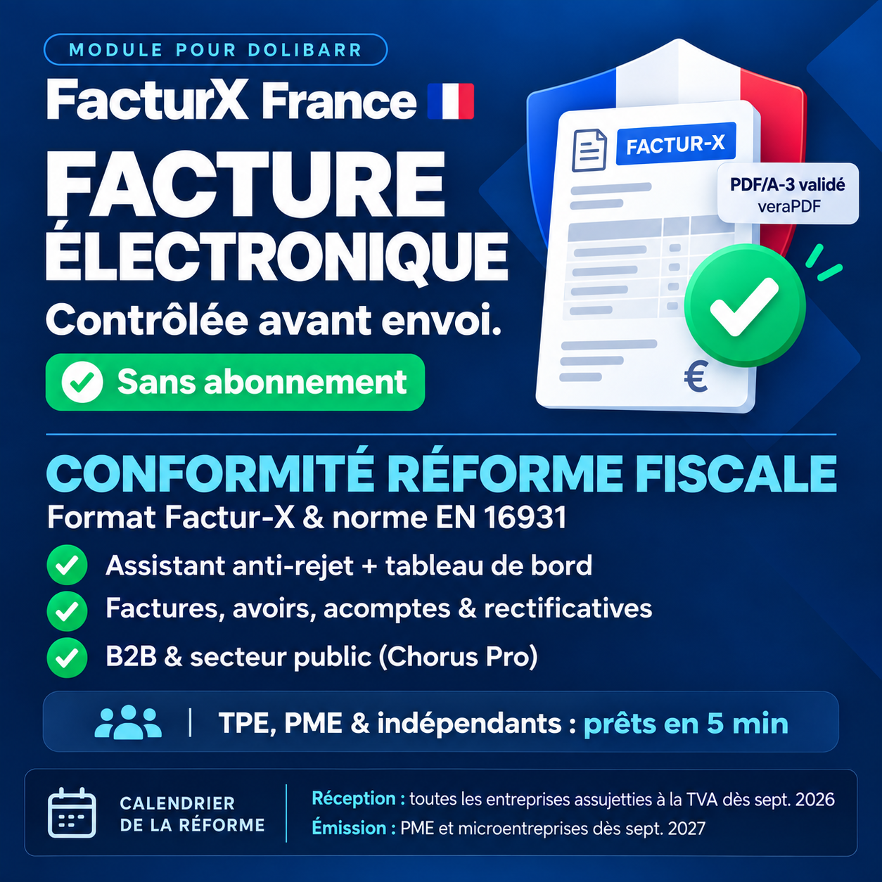 Factur-X France : Facture électronique 2026 (conforme, contrôlée avant envoi, sans abonnement)