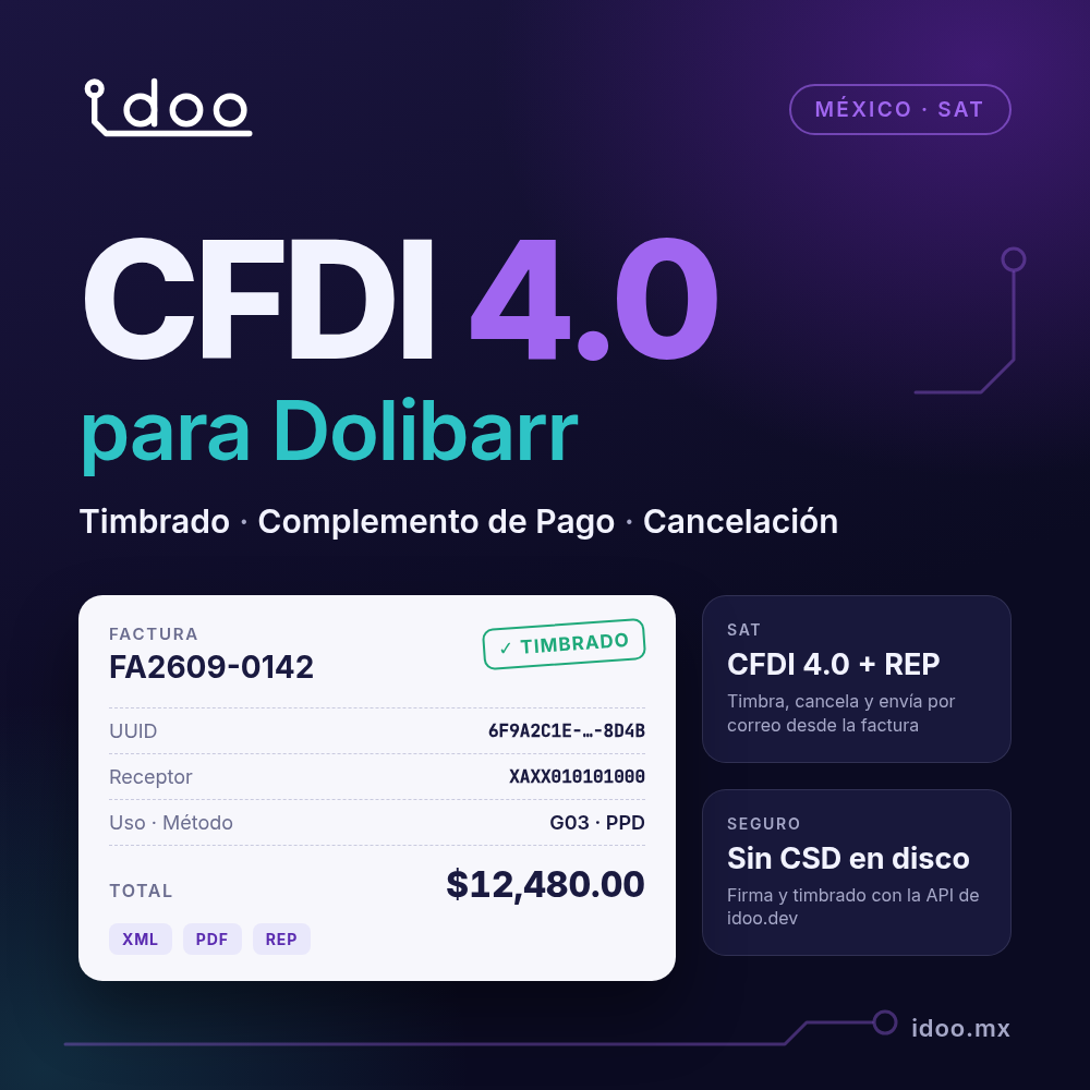 Idoo CFDI – Facturation électronique CFDI 4.0 pour le Mexique (timbrage, compléments de paiement, annulation)