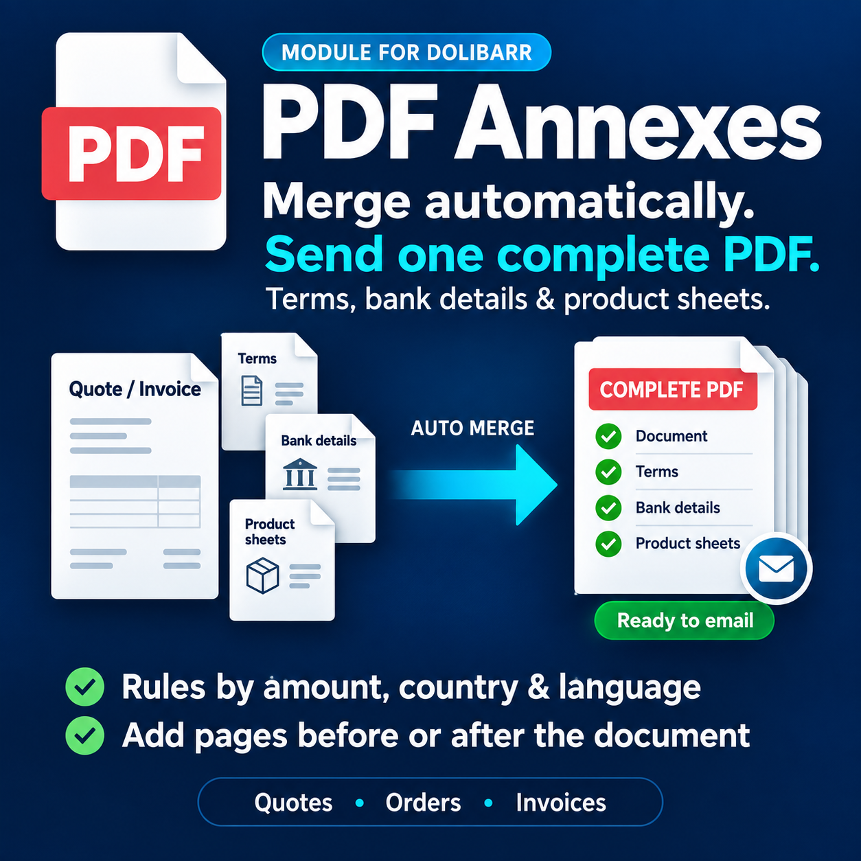 PDF Annexes: Terms, bank details and datasheets added automatically to your quotes and invoices