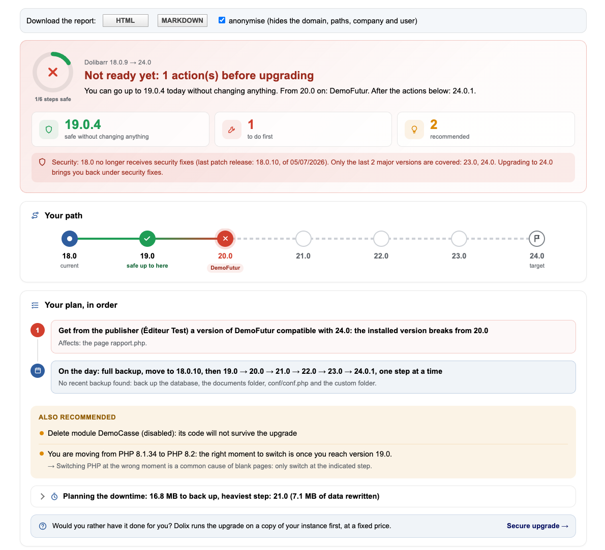 Upgrade readiness check