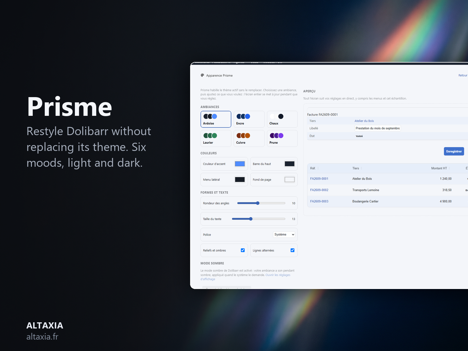 Prisme - Dolibarr restyling, light and dark