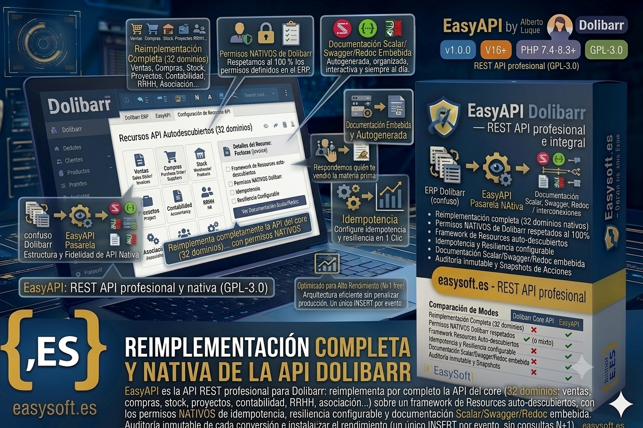 EasyAPI - API REST professionnelle pour Dolibarr (32 domaines du cœur) + MCP